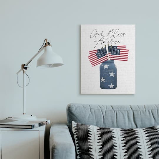 Stupell Industries Patriotic God Bless America Country Quote Jar Flags Canvas Wall Art